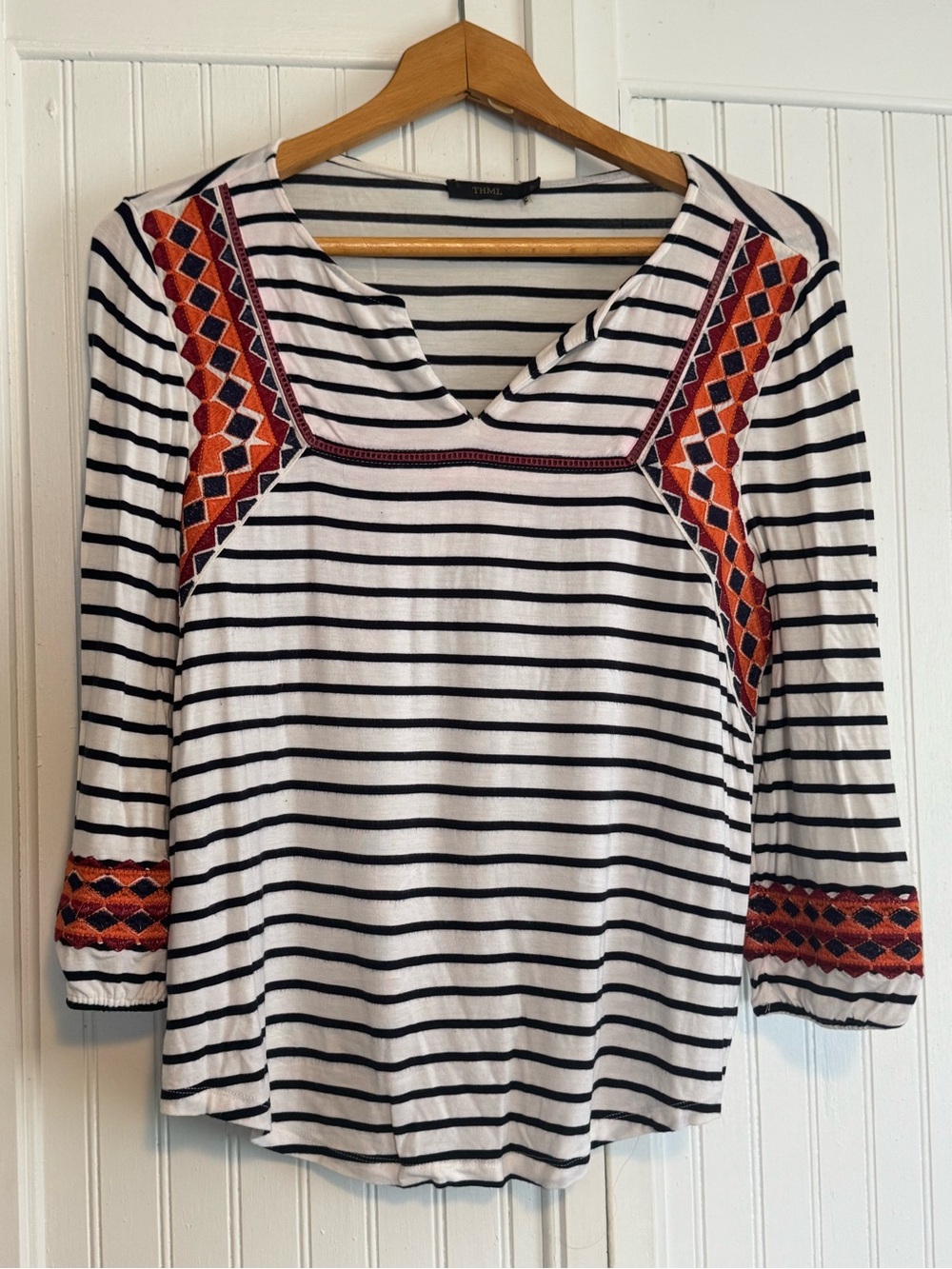 THML White and Black Striped V-Neck Top with Orange Embroidered Panels